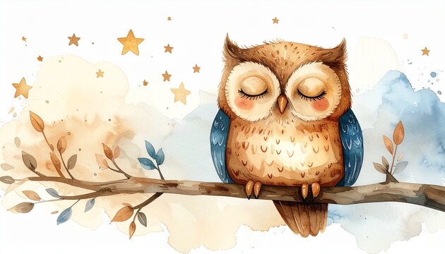 Schl&auml;frige kleine Eule auf Ast im Aquarellstil f&uuml;r Kinderbuch