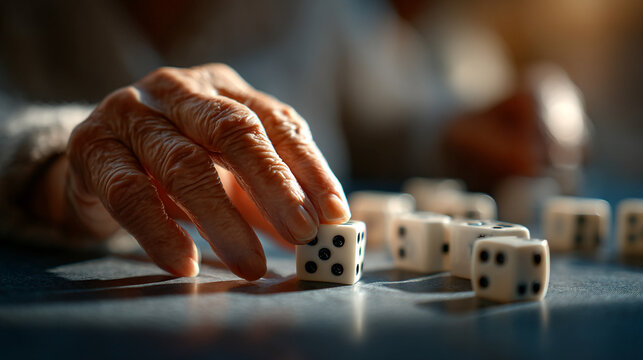 Elderly hands rolling dice on table during leisure game play close