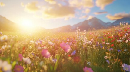 Obraz premium Wildflower field at golden hour. Scenic meadow landscape with sunset light and mountains.