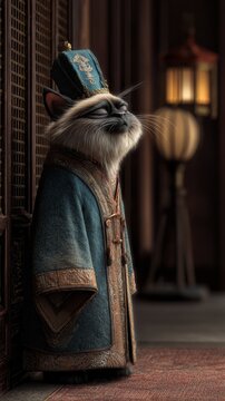 Siamese cat dressed as a noble eunuch in traditional siamese attire, standing indoors