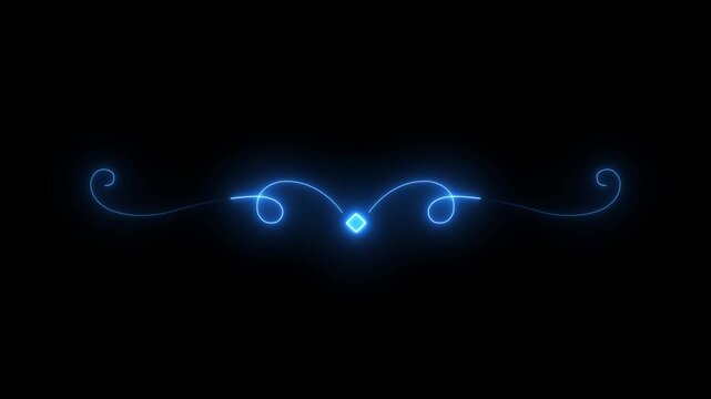 Neon blue glowing flourish divider animation, ornamental swirl line for wedding and event titles, minimalist decorative on black background
