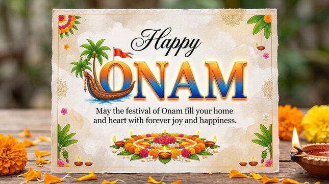 happy Onam celebration with abstract vector illustration design of Kerala boat | Onam Calligraphy