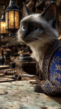 Siamese cat dressed in ornate blue and gold attire, looking thoughtfully at a map on a cluttered desk