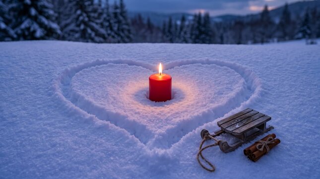 Romantic winter candlelit heart in snow with book and glasses. Cozy evening scene of love and relaxation in frosty outdoor setting.