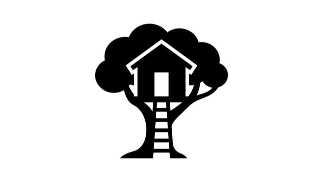 Treehouse silhouette with ladder and house structure.