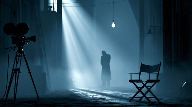 Director chair and vintage film camera on tripod set under dramatic spotlight beam in dark foggy movie studio, complete with the shadows of the actors in the scene.