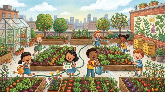 Happy children gardening together in a vibrant urban rooftop garden setting
