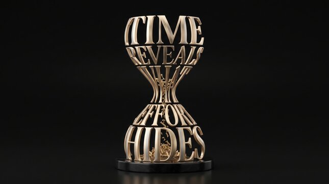 Hourglass sculpture with engraved time reveals effort hides quote, hourglass