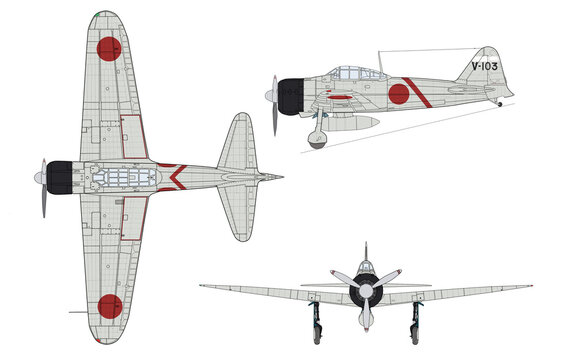 零式艦上戦闘機21型（A6M2b）三面図　色付き
