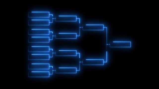 Neon blue tournament bracket digital competition chart for sports and e-sports events, glowing competition tree diagram on black background