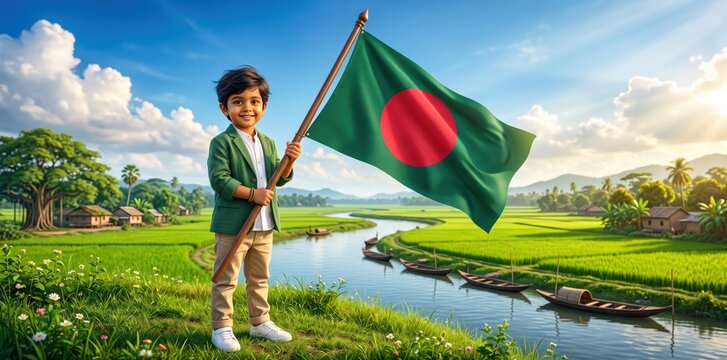 A young boy standing in a lush green countryside, holding a large waving flag of bangladesh against a bright blue sky with clouds, near a winding river with traditional wooden boats