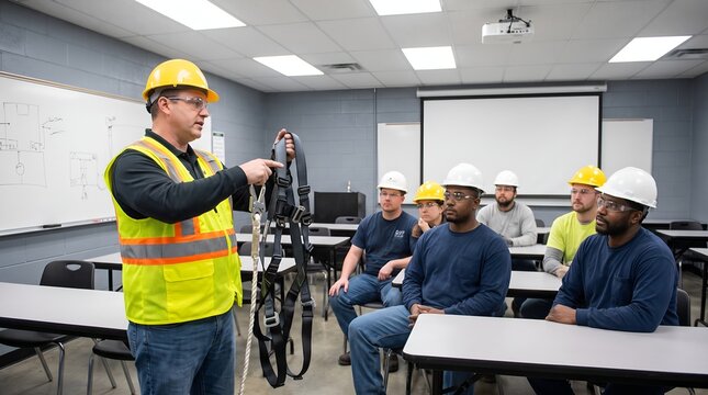 Instructor teaches diverse students safety harness use in vocational training program.