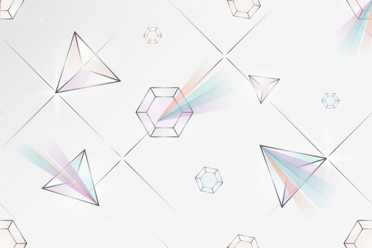 Seamless pattern featuring geometric prisms and hexagons with soft rainbow light refraction effects on a clean white background surface
