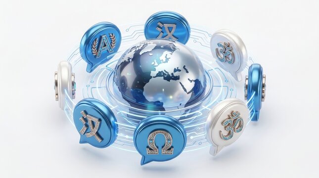 Global Communication - 3D Globe Surrounded by Multilingual Script Icons in Blue Digital Network Platform