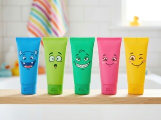Fototapeta premium Five colorful cosmetic tubes with funny cartoon monster faces standing in a row in a bright bathroom setting for children skincare