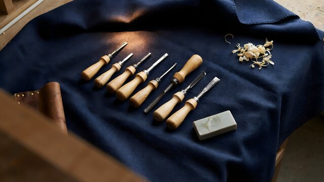 Collection of woodworking tools including chisels and carving knives on fabric surface