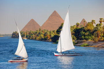 Fototapeta premium Beautiful Nile scenery with traditional Felluca sailing boat in the Nile on the way to Giza pyramids - Cairo, Egypt