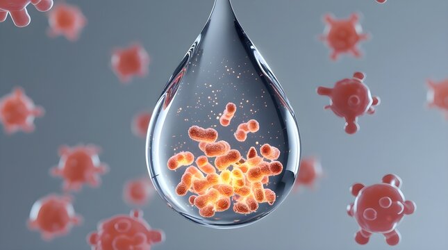 Virus particles inside a water droplet under microscope