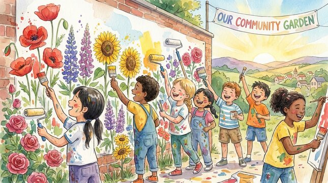 Happy children painting a colorful community garden mural together outdoors in daylight
