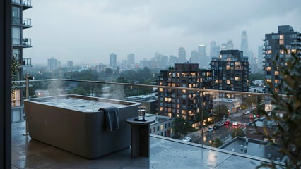 Obraz premium Modern outdoor hot tub with city skyline view in urban apartment balcony
