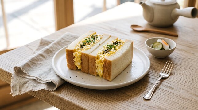 Japanese tamago sando on pale wooden tabletop, professional studio background, food photography for modern caf&eacute; ads and minimalist branding
