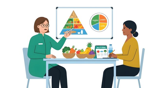Professional dietitian providing nutrition counseling and healthy eating advice to a patient with food pyramid and balanced diet chart. Flat vector illustration for nutrition, wellness, diet planning,