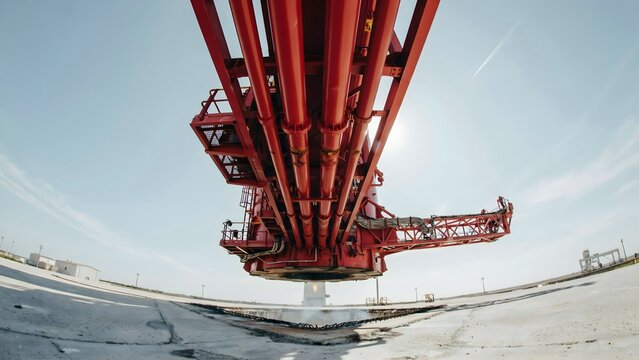 Large Red Construction Crane Overhead View in Open Sky at Construction Site