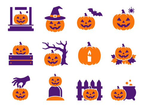 Halloween jack o lantern icons with orange and purple theme