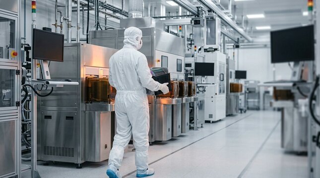 Person in a white cleanroom suit carrying a wafer carrier through a modern sterile semiconductor manufacturing facility with advanced machinery and monitors high-tech industrial setting