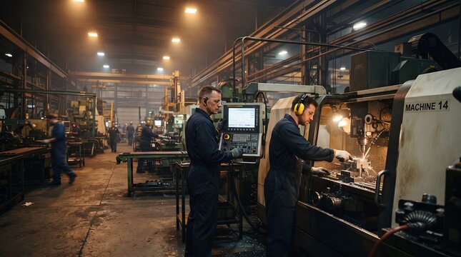 Two male engineers operating cnc milling machine in industrial factory