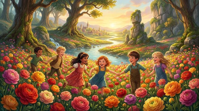 Happy children playing together in a magical flower field with trees and river scenery