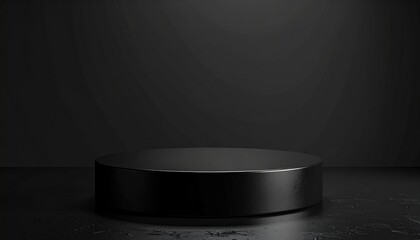 Fototapeta premium Dark background with a glossy black cylindrical stage. Ideal for product display or presenting objects