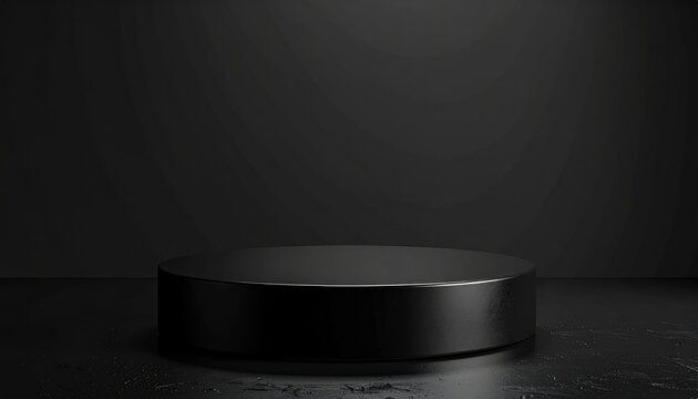 Dark background with a glossy black cylindrical stage. Ideal for product display or presenting objects