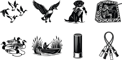 Collection of black waterfowl hunting silhouettes featuring flying ducks geese retriever dogs and marsh equipment © MstRupali