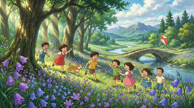 Happy children playing together in a vibrant flower field near a forest stream