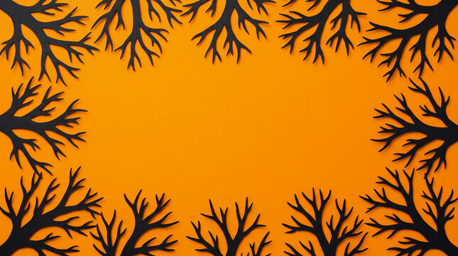 Halloween orange background featuring bare tree branches paper cut out border frame with spooky copy space for horror party invitation, greeting card, banner, poster and autumn design