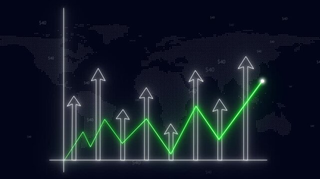 Glowing green line graphs track steady fiscal market growth across world maps. International currency trading firms gain high contrast presentation graphs overlays. Green graphs climb high.