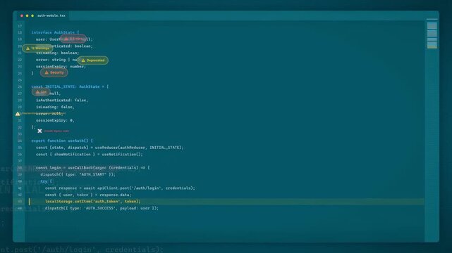 Close up of a software developer writing complex javascript code in a dark themed editor