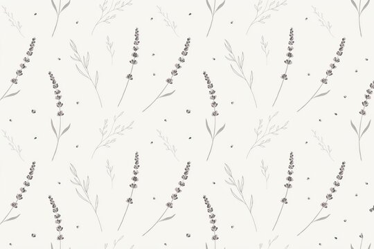 Seamless pattern featuring hand drawn lavender sprigs and small dots on a light cream background, delicate botanical floral style