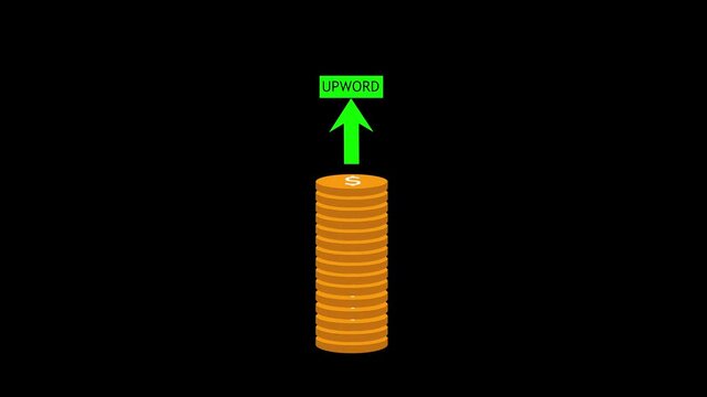 Stack of gold coins increments corporate profit margins beneath green arrows. E-commerce business success metrics look completely clear on this financial profit vector. Profit blocks grow.