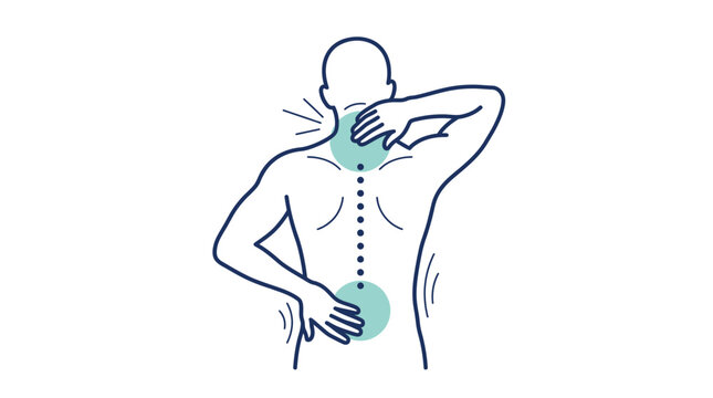 Minimalist vector illustration showing a person experiencing intense neck and lower back physical body pain