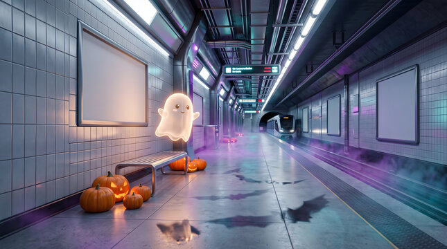 Ghost light on subway platform. Eerie scene with abandoned station and floating lanterns
