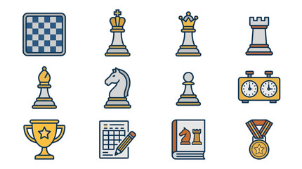 Chess Game Icons Set: Board, Pieces, Timer, Trophy, Book, Scorecard © Parman