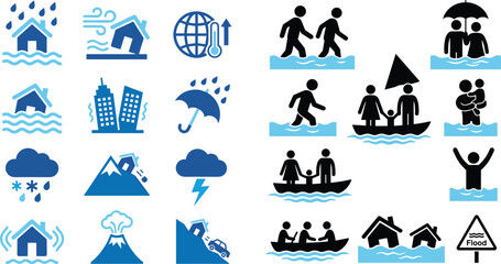 Fototapeta premium Natural Disaster and Flood Emergency Pictogram Icon Set Featuring Earthquake Landslide Volcano Refugee Evacuation and Boat Rescue Operations Vector Symbols for Safety Management