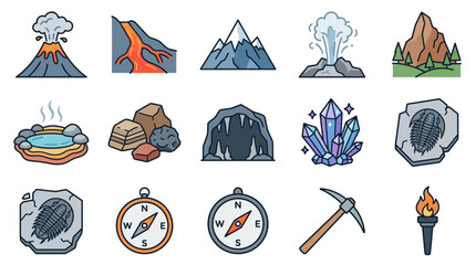 Geology Icons: Volcano, Mountains, Cave, Crystals, Fossils, Compass, Pickaxe © Parman
