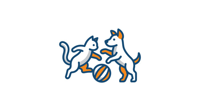 Cartoon dog and cat playing ball.
