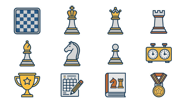 Chess Game Icons Set: Board, Pieces, Timer, Trophy, Book, Scorecard