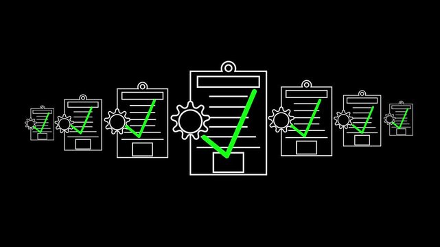Row of documents trackers validate task completions using green check marks. Creative project management software platforms look highly professional here. Documents status trackers advance.