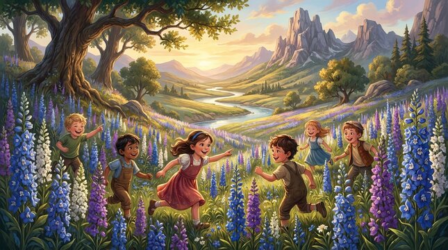 Happy children running through a vibrant flower field in a scenic mountain valley landscape