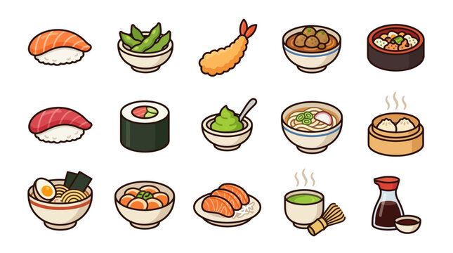 Japanese Food Collection: Sushi, Ramen, Tempura, Edamame, Tea, Soy Sauce